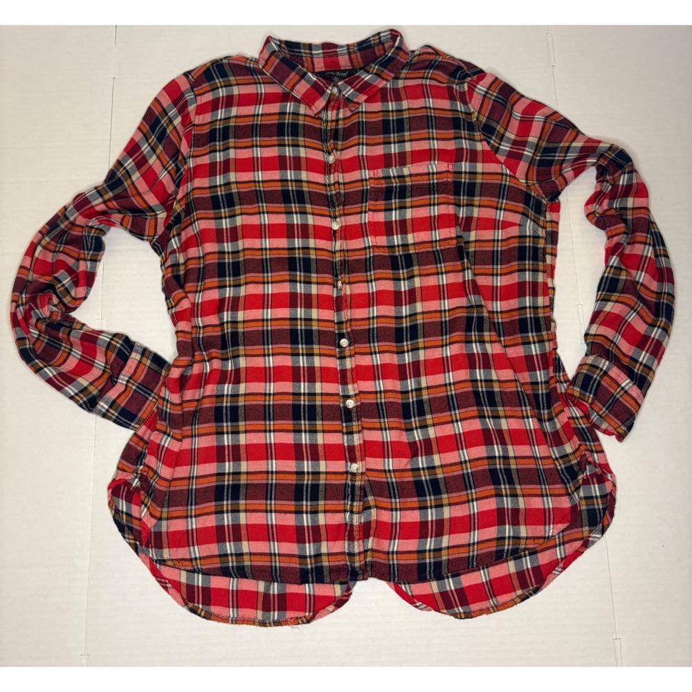 Lucky Brand Red Plaid Flannel Button Down High-Low Top Cozy Cabincore Gorpcore